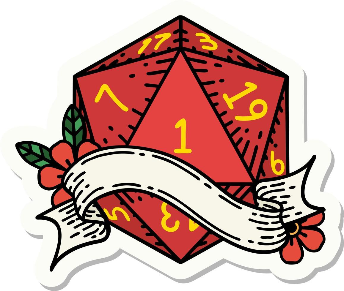sticker of a natural one d20 dice roll vector