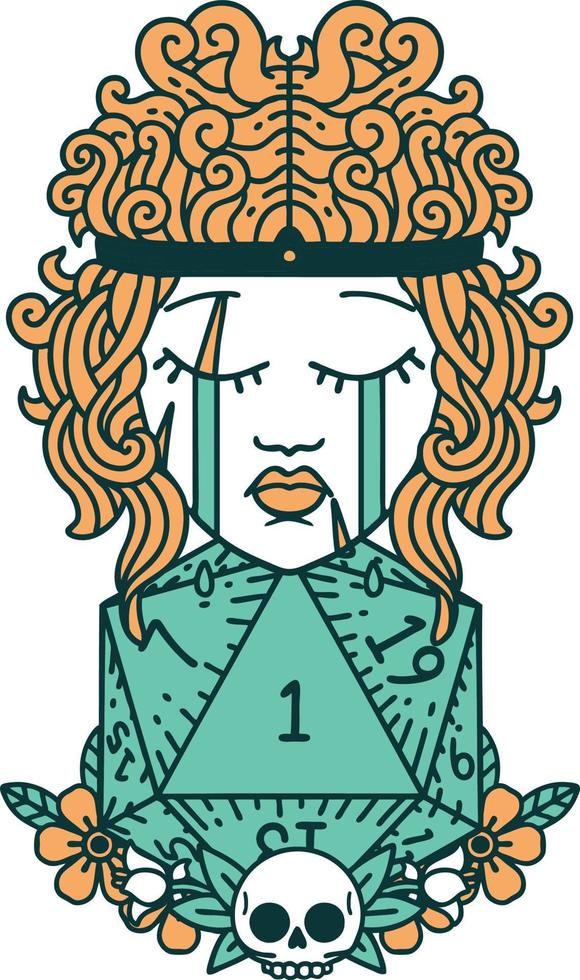 Retro Tattoo Style crying human barbarian with natural one D20 roll vector