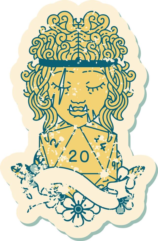 Retro Tattoo Style half orc barbarian character with natural twenty dice roll vector