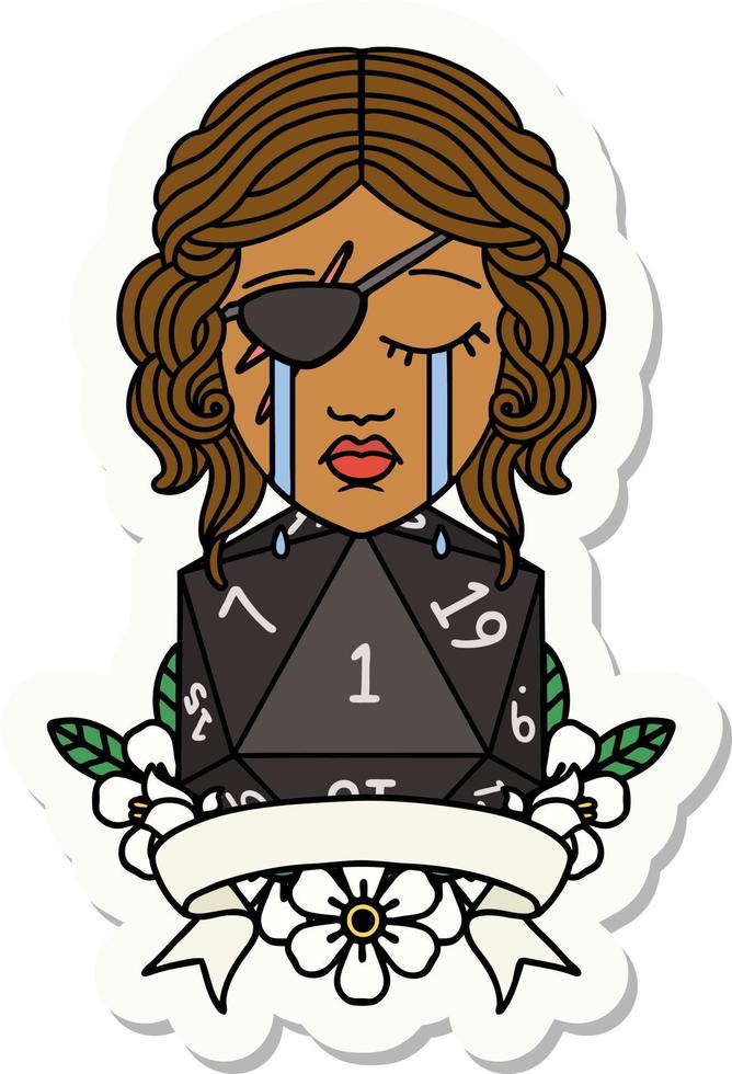 sticker of a crying human rogue with natural one roll vector