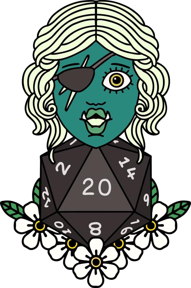 Retro Tattoo Style half orc rogue with natural twenty dice roll vector