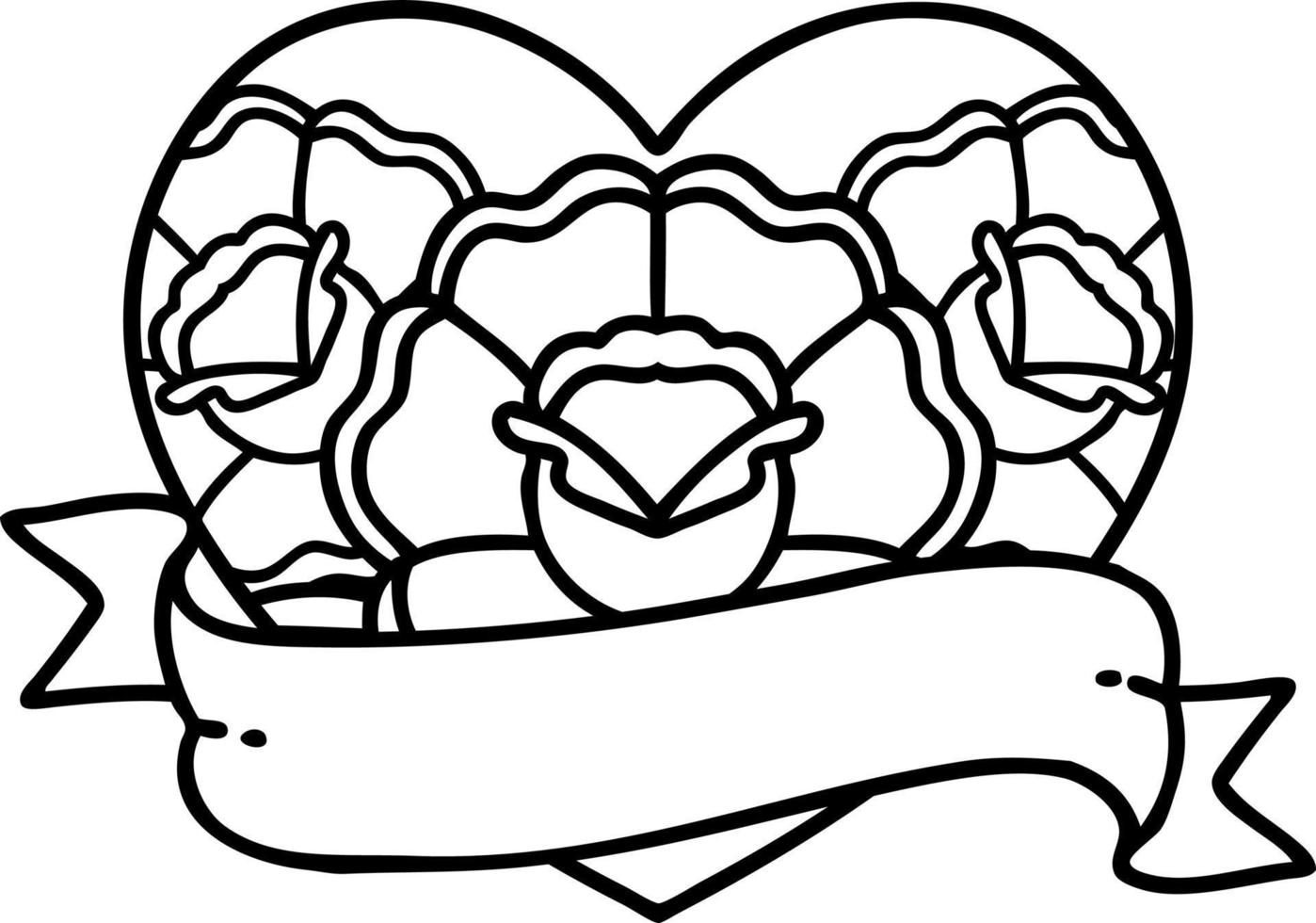 tattoo in black line style of a heart and banner with flowers vector