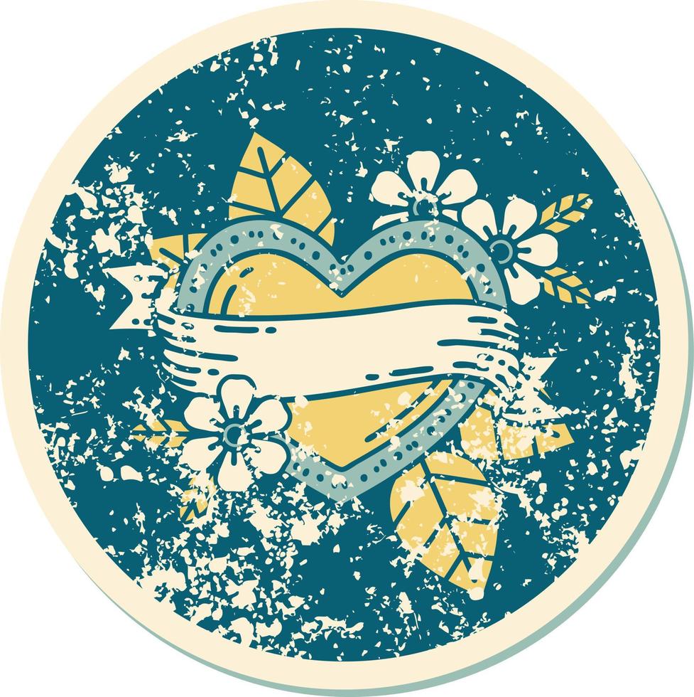 iconic distressed sticker tattoo style image of a heart and banner vector