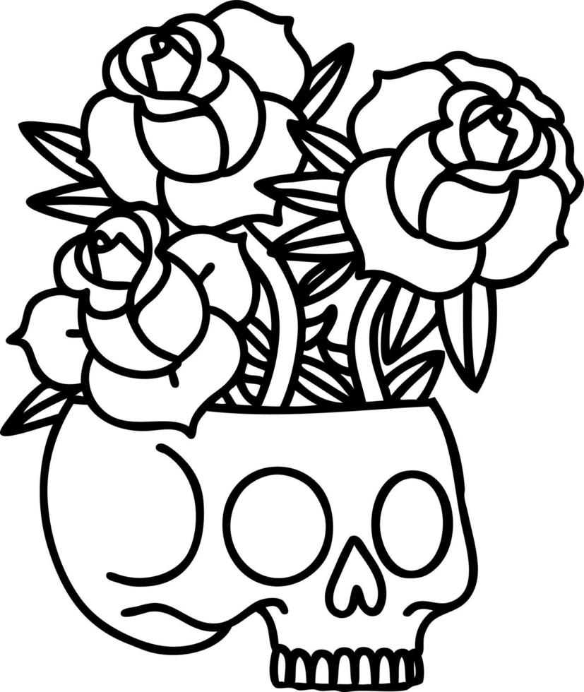 tatuaje en estilo de línea negra de una calavera y rosas vector