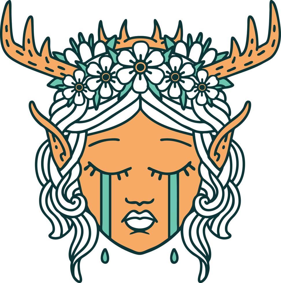 Retro Tattoo Style crying elf druid character face vector