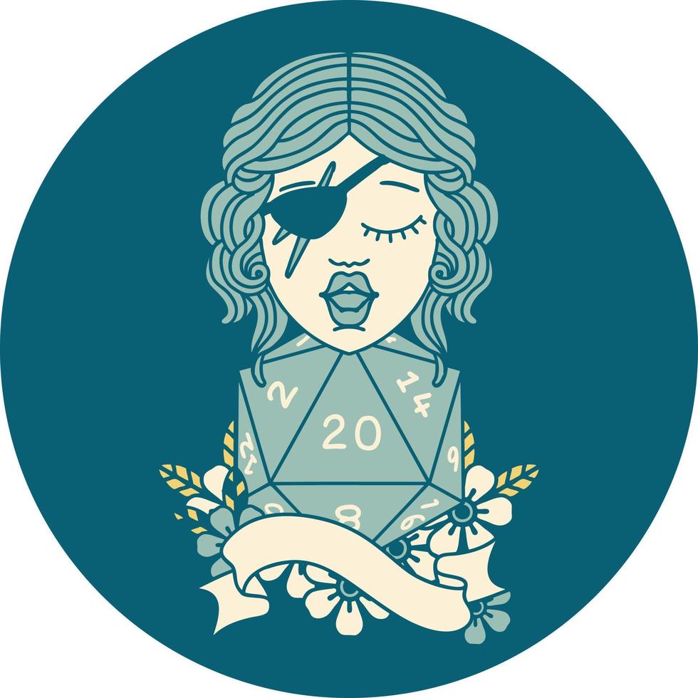 Retro Tattoo Style human rogue with natural 20 dice roll vector