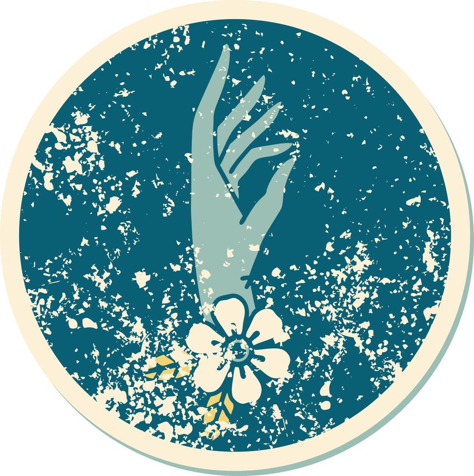 iconic distressed sticker tattoo style image of a hand and flower vector