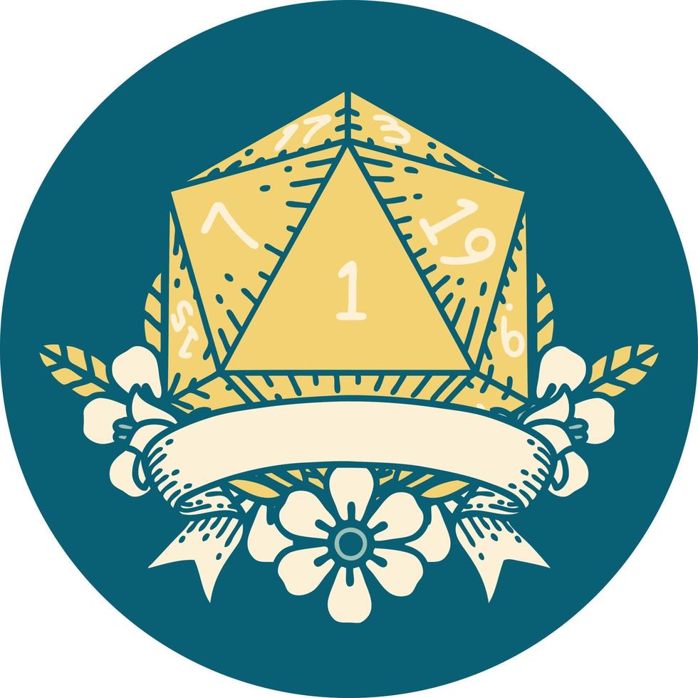 Retro Tattoo Style natural one d20 dice roll vector