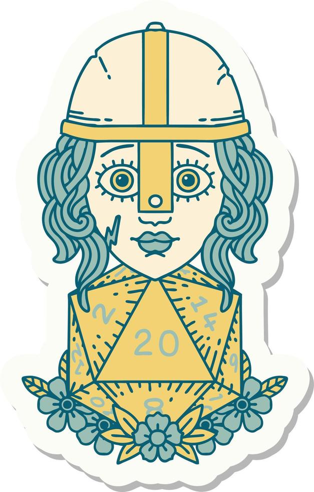 sticker of a human fighter with natural 20 D20 dice roll vector