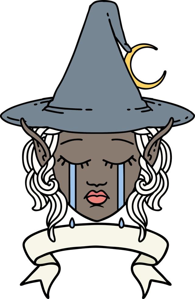 Retro Tattoo Style crying elf mage character face wiht banner vector