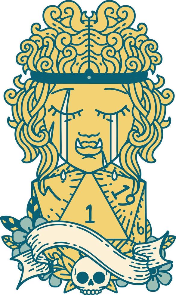 Retro Tattoo Style crying orc barbarian character face with natural one D20 roll vector