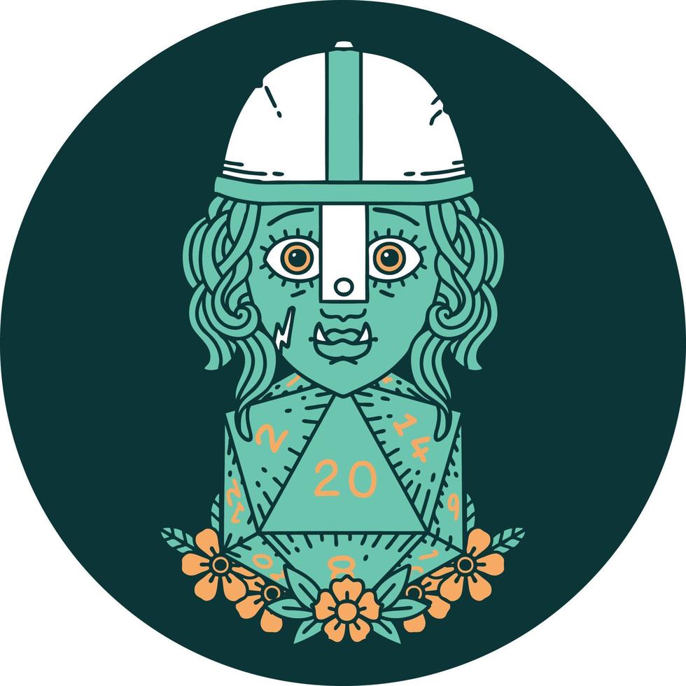 icon of half orc fighter character with natural twenty dice roll vector