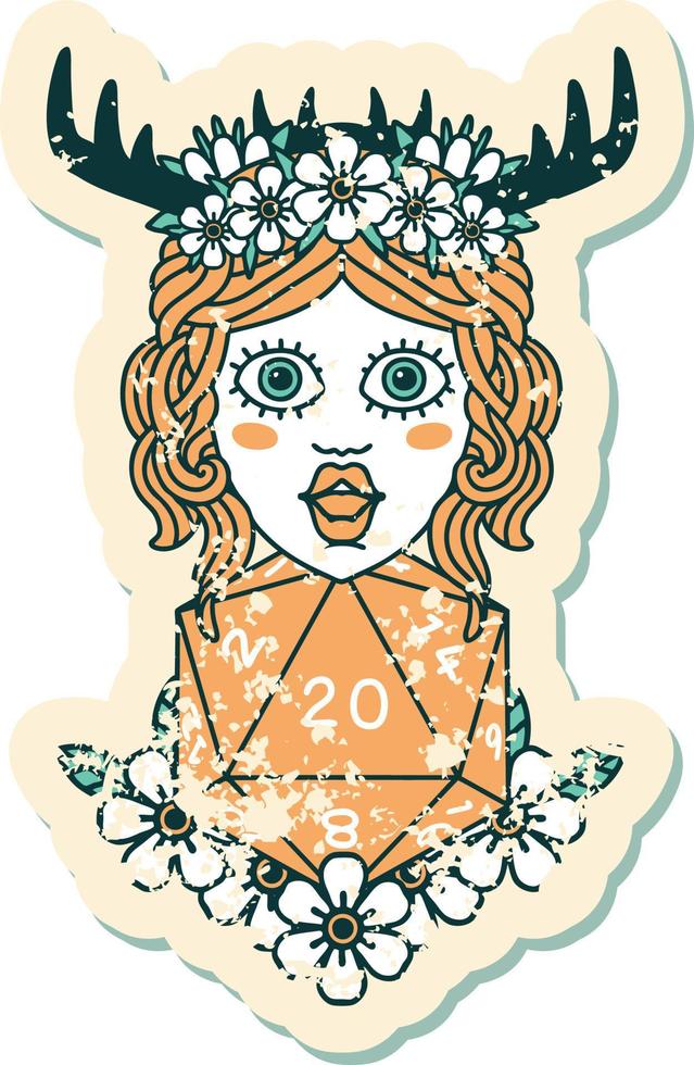 grunge sticker of a human druid with natural twenty dice roll vector