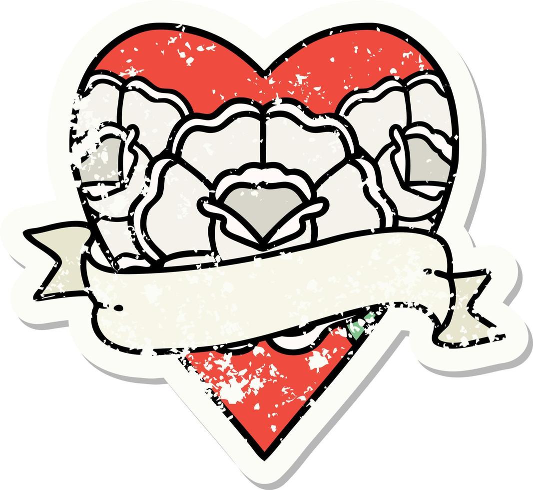 distressed sticker tattoo in traditional style of a heart and banner with flowers vector