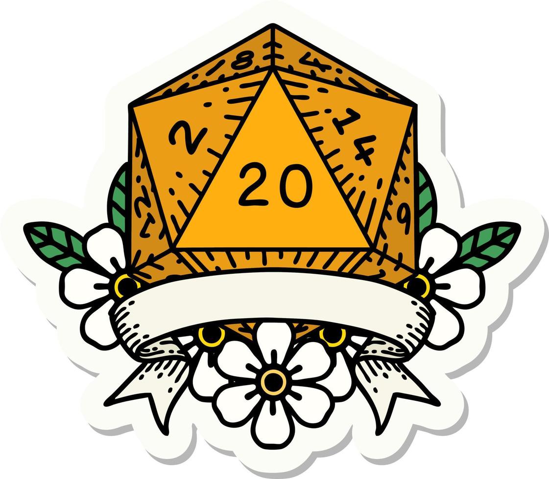 sticker of a natural 20 critical hit D20 dice roll vector