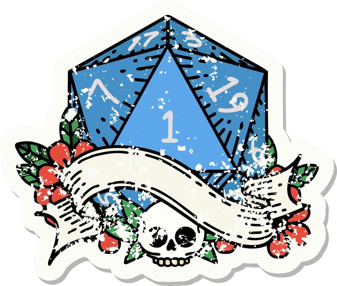 grunge sticker of a natural one d20 dice roll vector