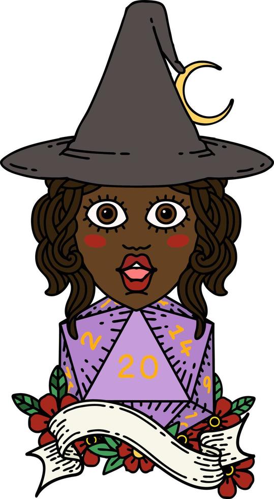 Retro Tattoo Style human mage with natural 20 D20 dice roll vector