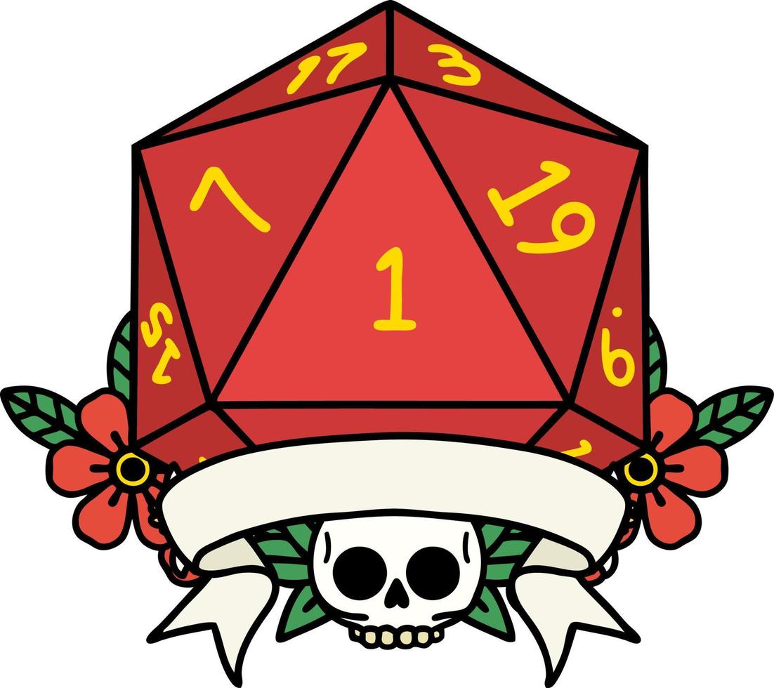 Retro Tattoo Style natural one d20 dice roll vector