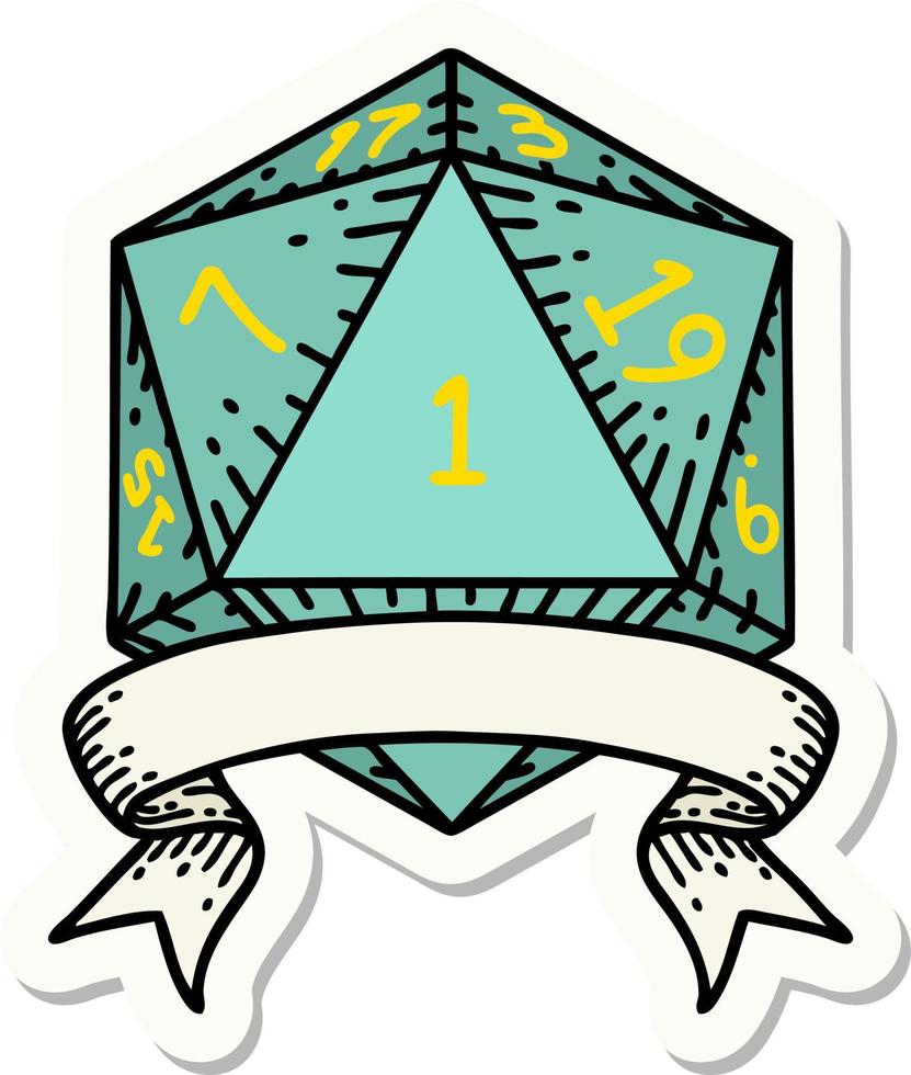 sticker of a natural one d20 dice roll vector