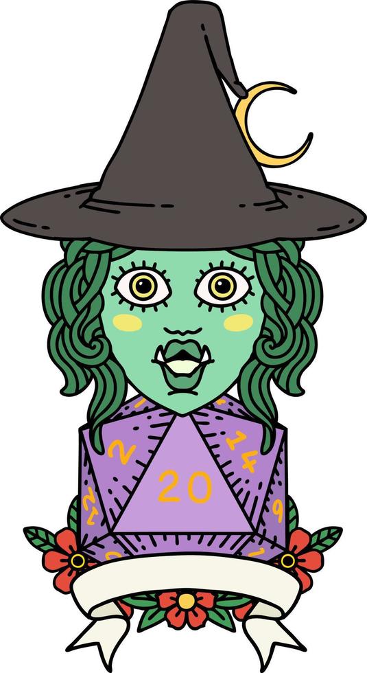 Retro Tattoo Style half orc witch character with natural 20 dice roll vector