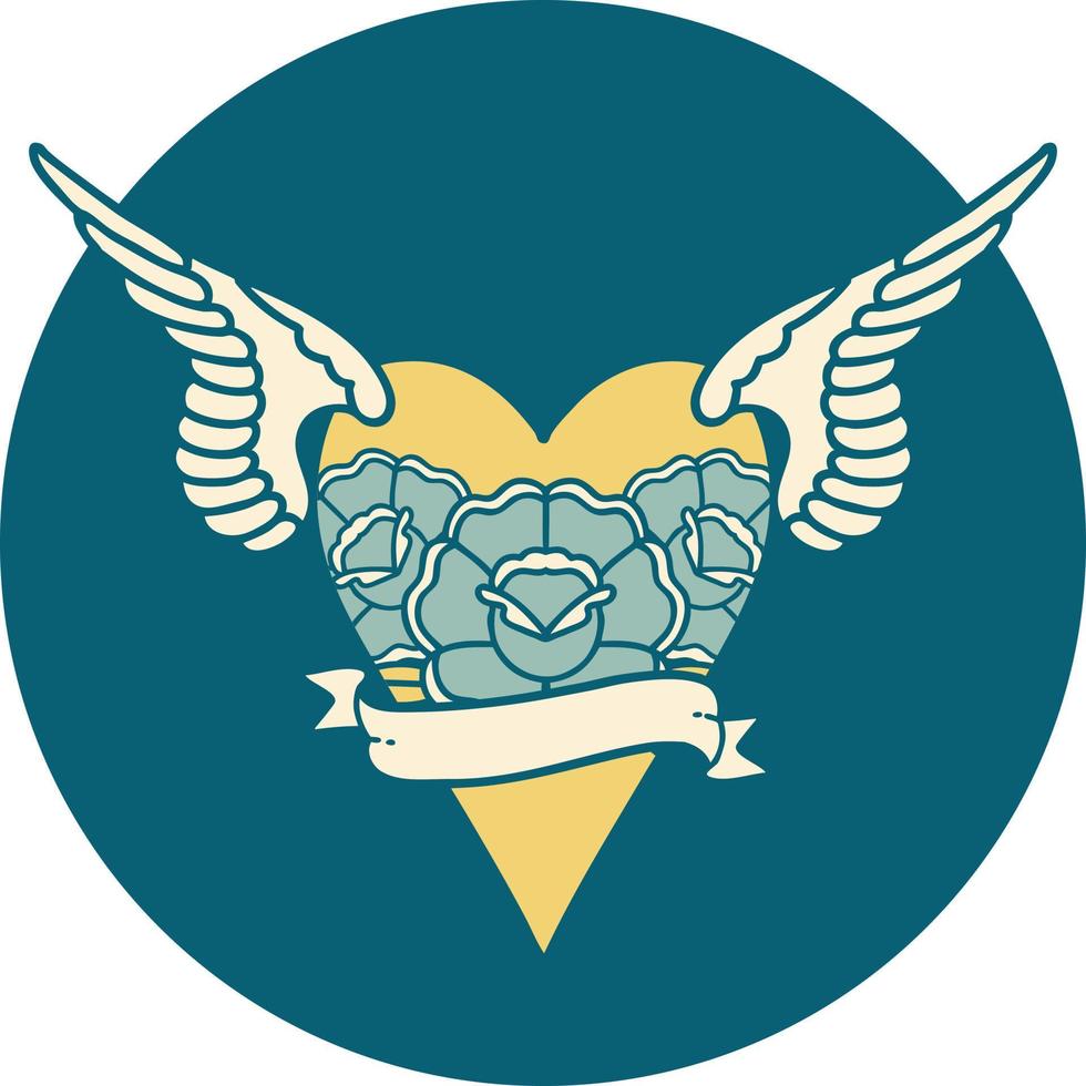 iconic tattoo style image of a heart with wings and banner vector