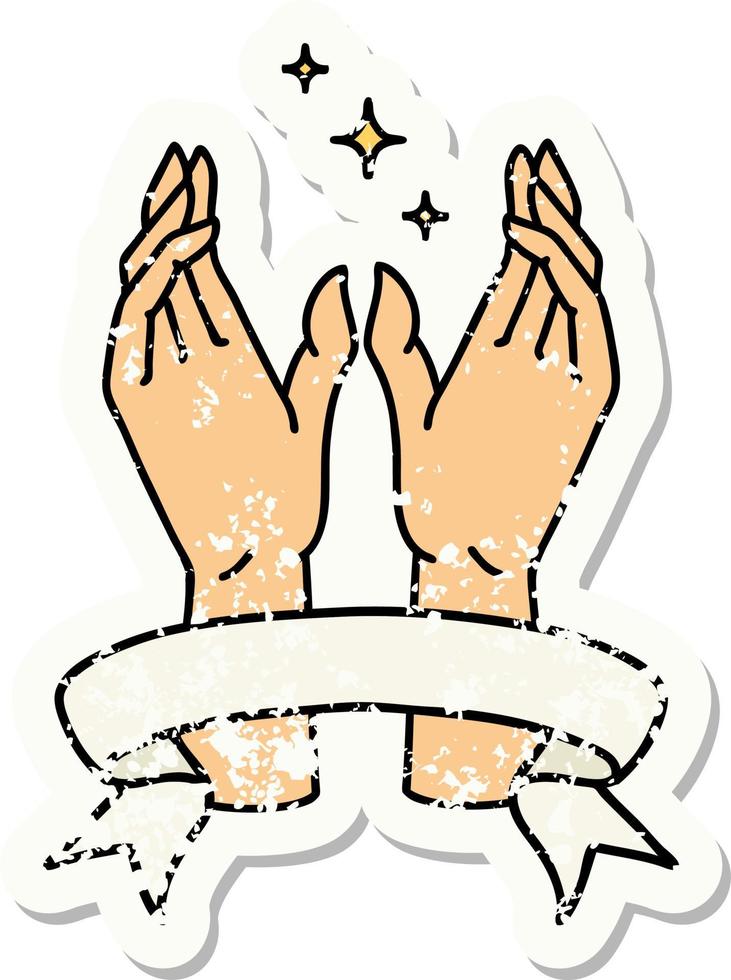 worn old sticker with banner of reaching hands vector