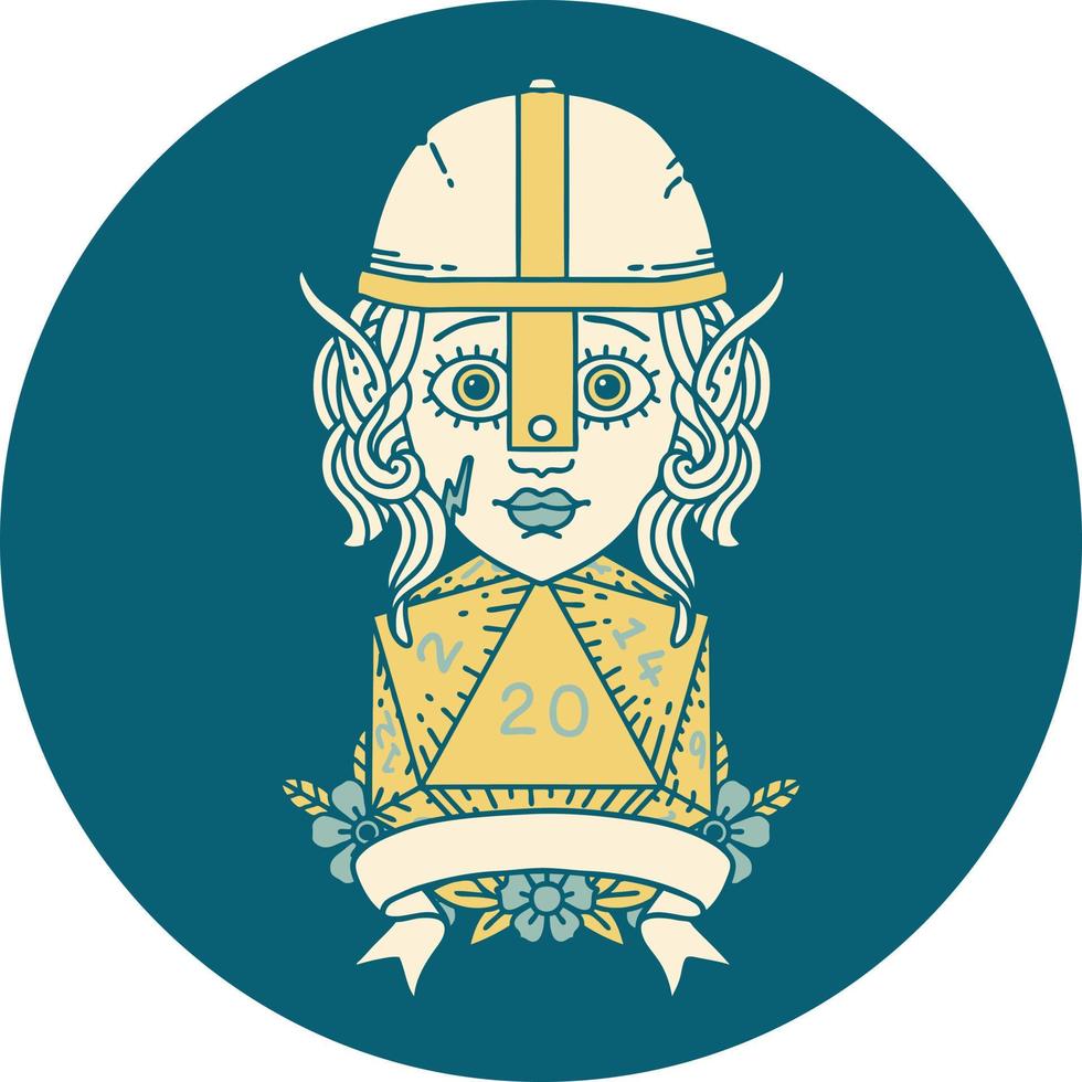 Retro Tattoo Style elf fighter with natural 20 dice roll vector