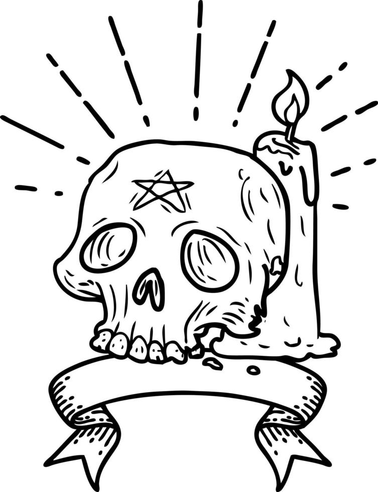 scroll banner with black line work tattoo style spooky skull and candle vector