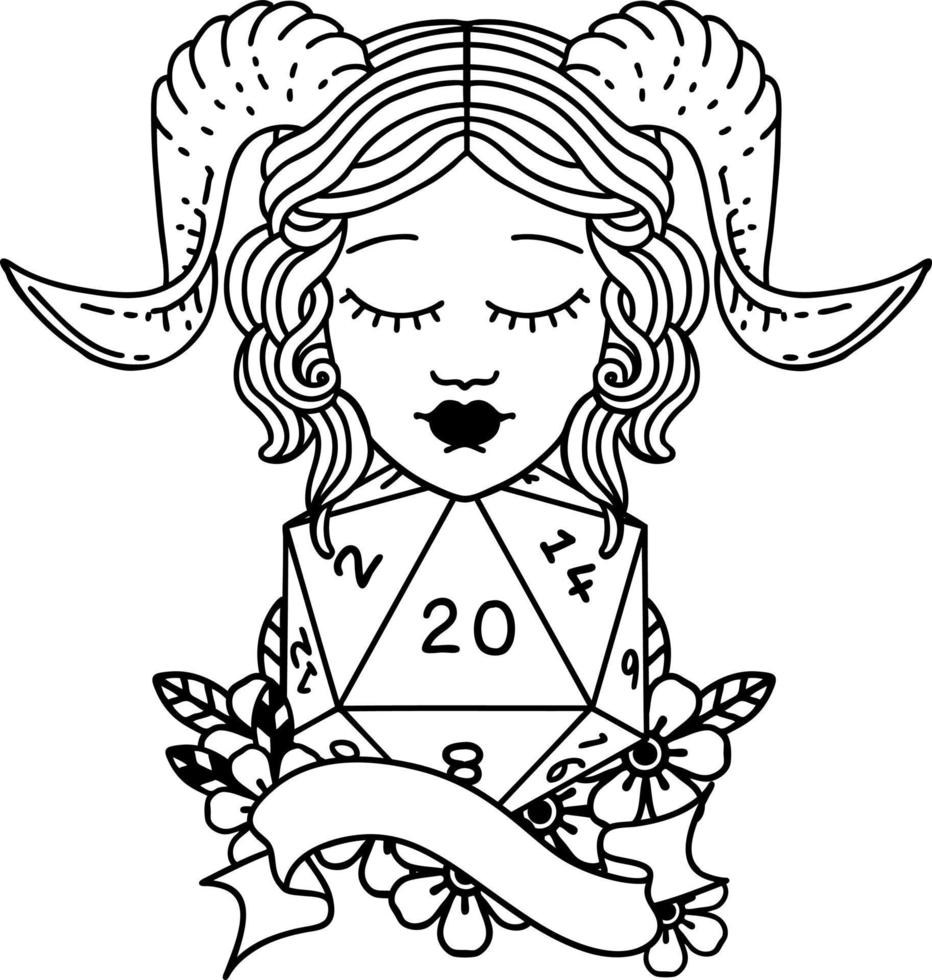 Black and White Tattoo linework Style tiefling with natural twenty dice roll vector