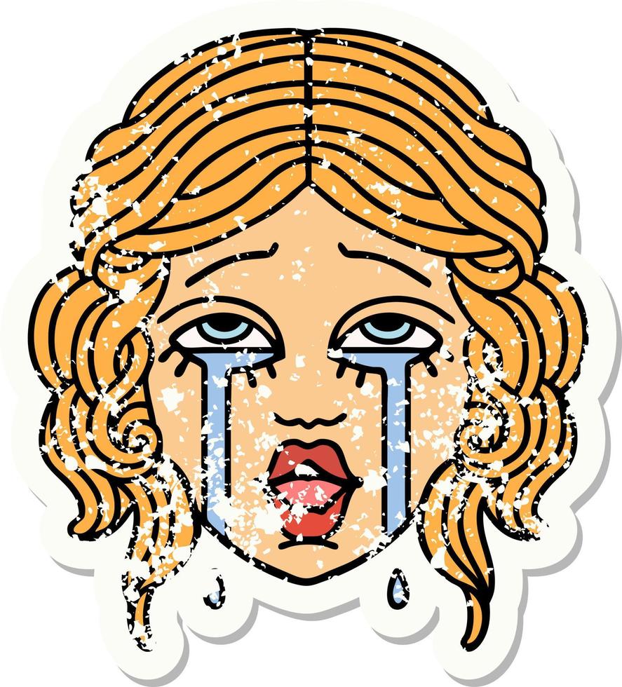 distressed sticker tattoo in traditional style of a very happy crying female face vector