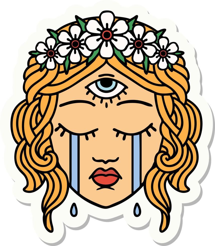 sticker of tattoo in traditional style of female face with mystic third eye crying vector