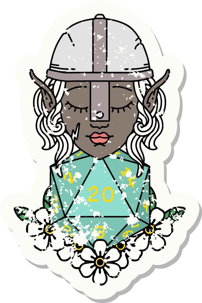 Retro Tattoo Style elf fighter with natural twenty dice roll vector