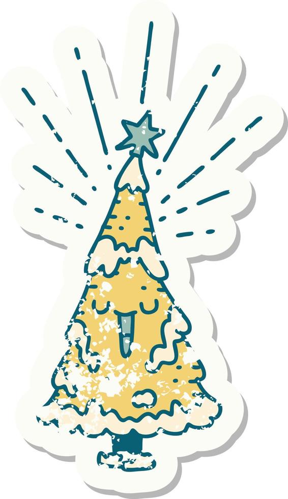 worn old sticker of a tattoo style happy christmas tree vector