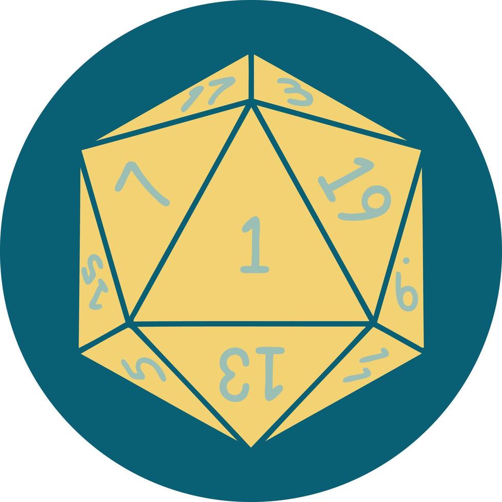 Retro Tattoo Style natural 1 D20 dice roll vector