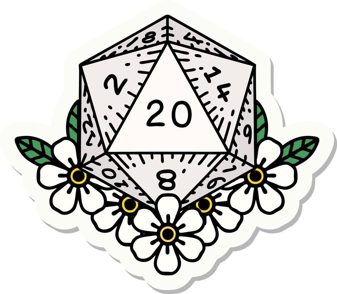 sticker of a natural 20 D20 dice roll with floral elements vector