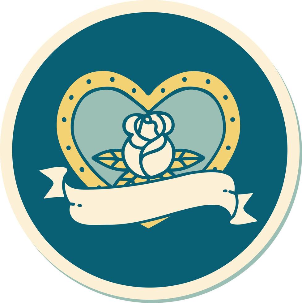 sticker of tattoo in traditional style of a heart rose and banner vector