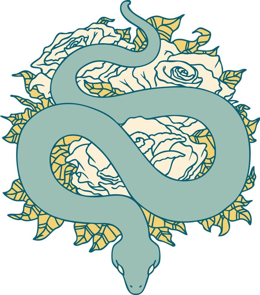 iconic tattoo style image of snake and roses vector