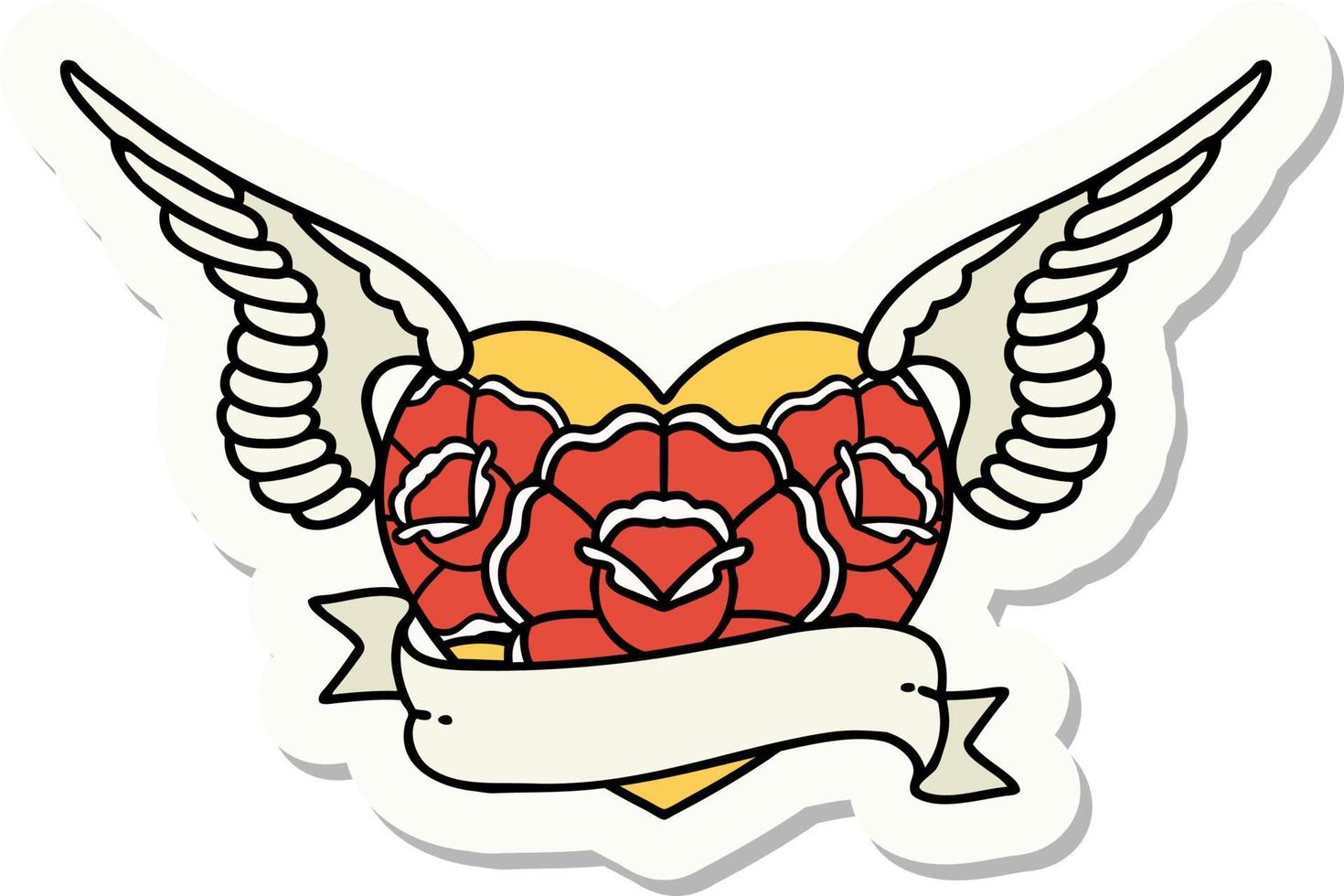 sticker of tattoo in traditional style of a flying heart with flowers and banner vector