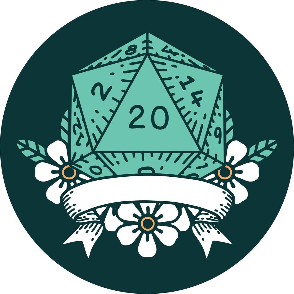 icon of natural 20 critical hit D20 dice roll vector