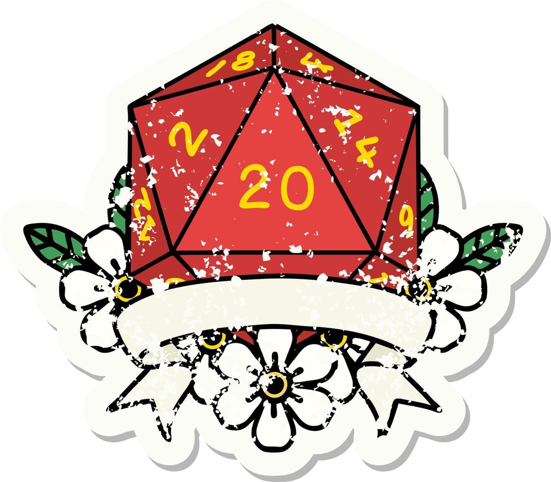grunge sticker of a natural 20 critical hit D20 dice roll vector