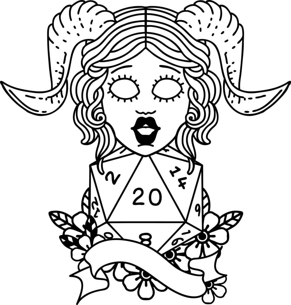 Black and White Tattoo linework Style tiefling with natural twenty dice roll vector
