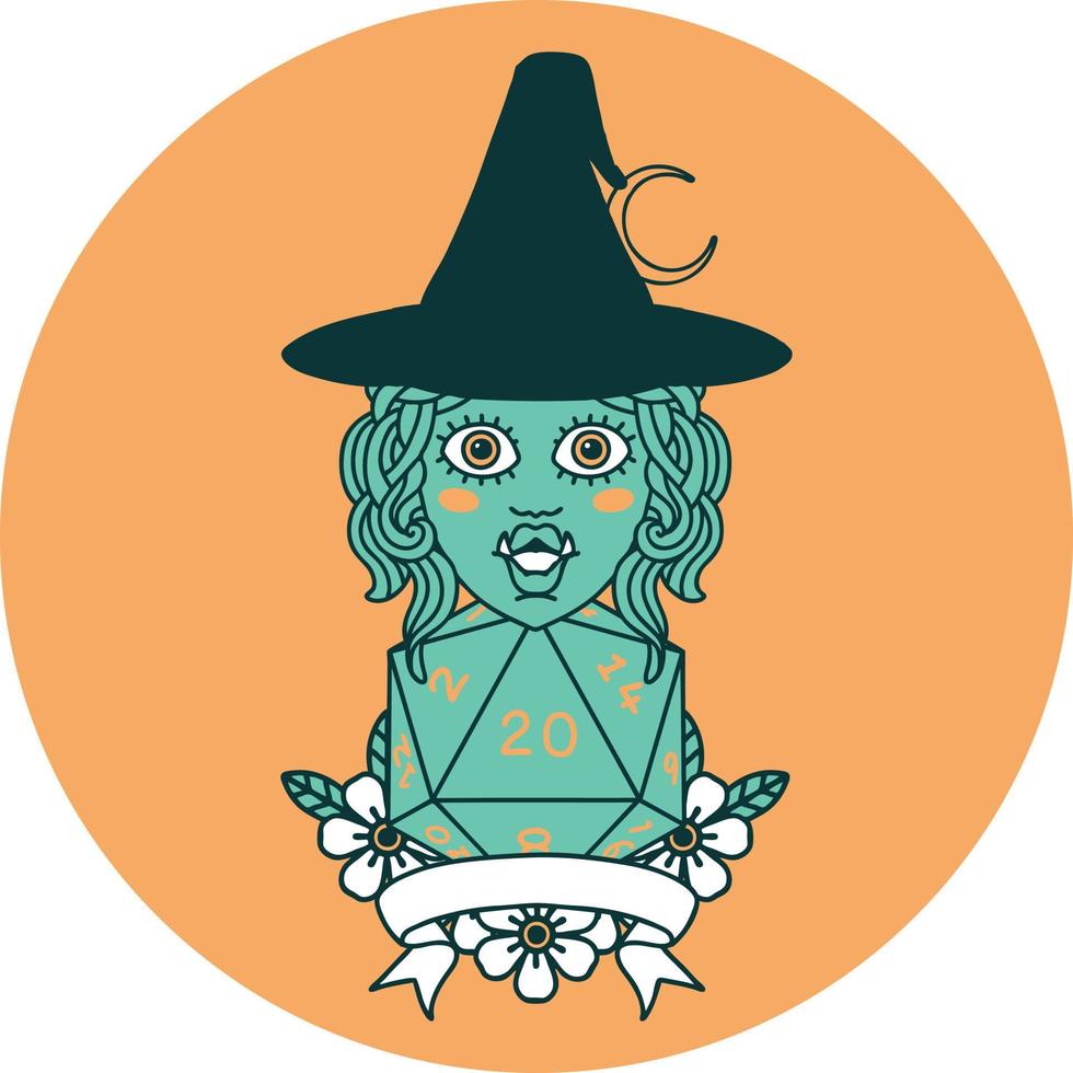 icono de personaje de bruja medio orco con tirada natural de 20 dados vector