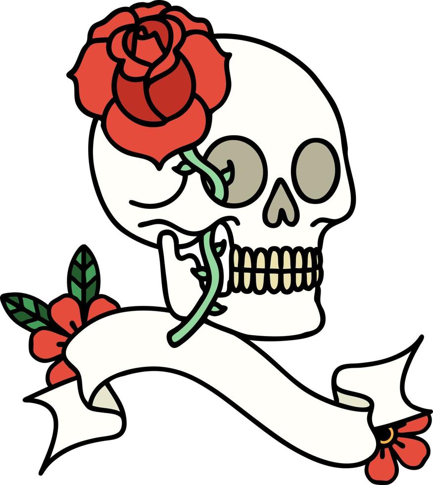 traditional tattoo with banner of a skull and rose vector