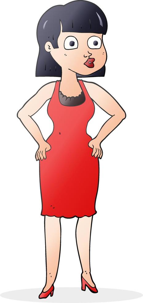 freehand drawn cartoon woman in dress with hands on hips vector