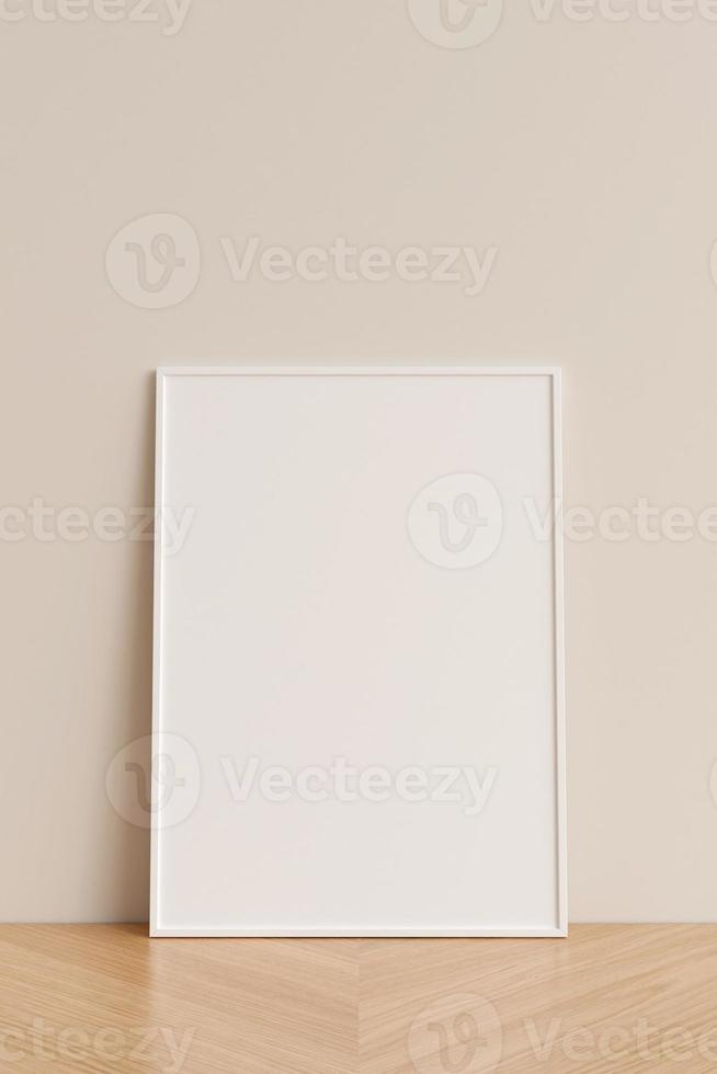 Clean and minimalist front view vertical white photo or poster frame mockup leaning against wall on wooden floor. 3d rendering.