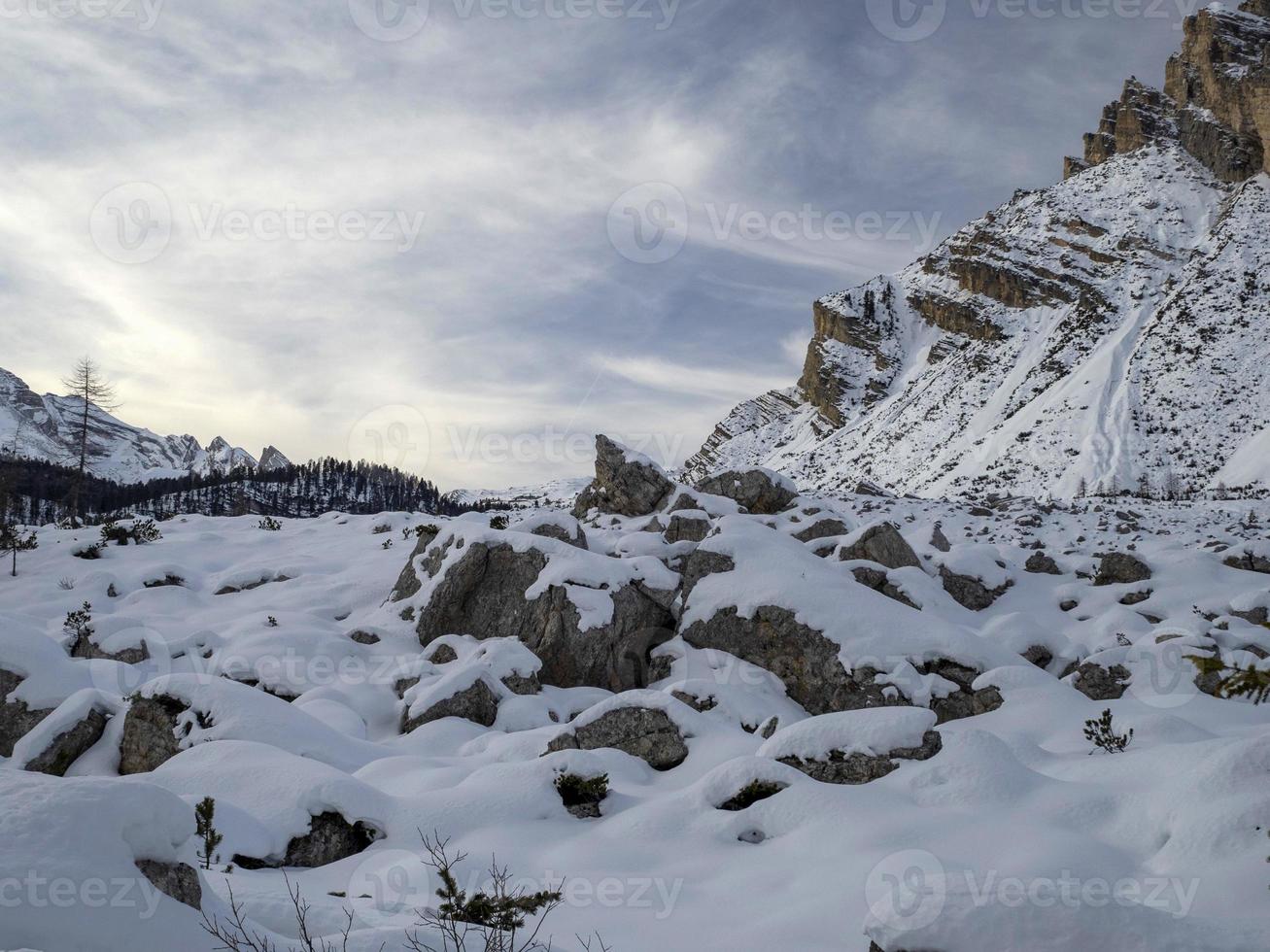 Fanes mountain dolomites in winter panorama photo