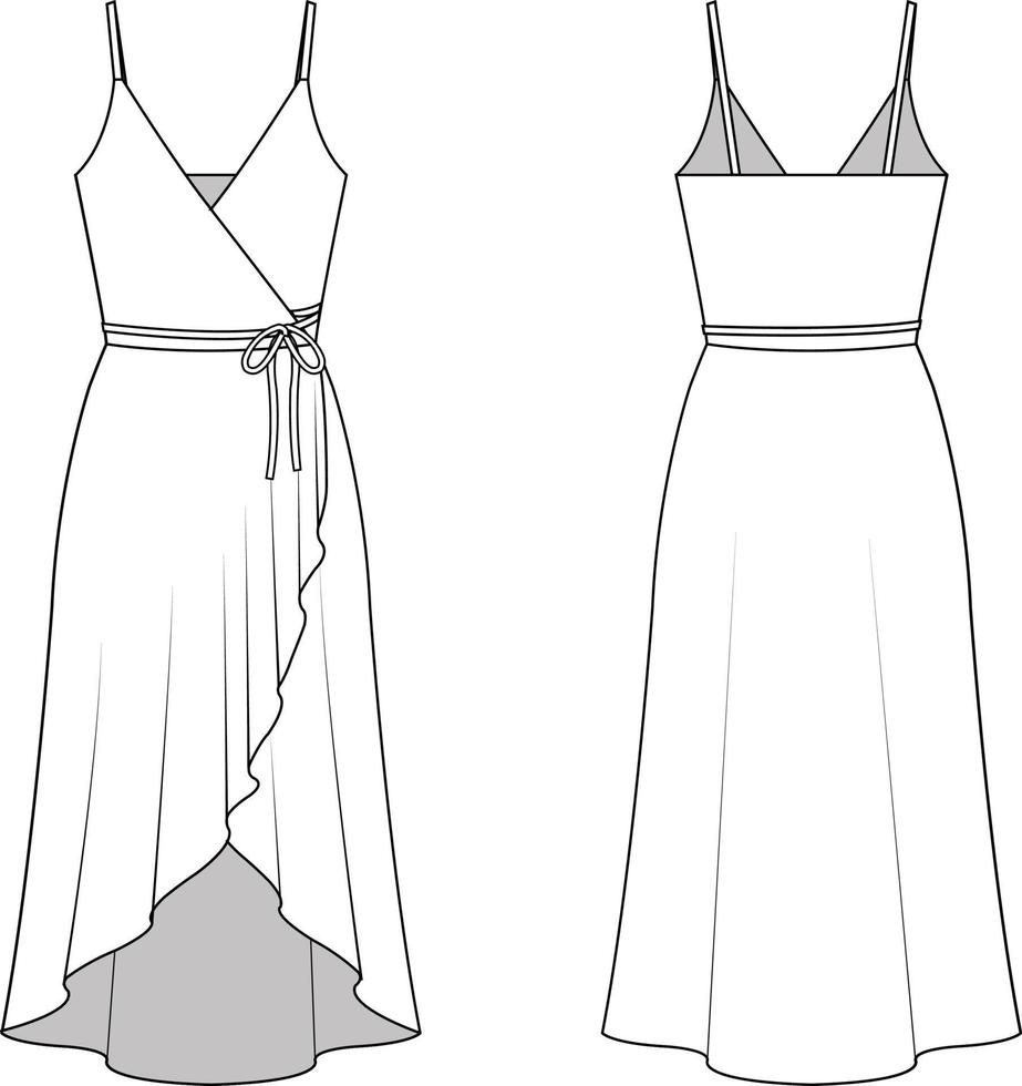 Flat sketch warp ruffle dress on shoulder straps for women vector