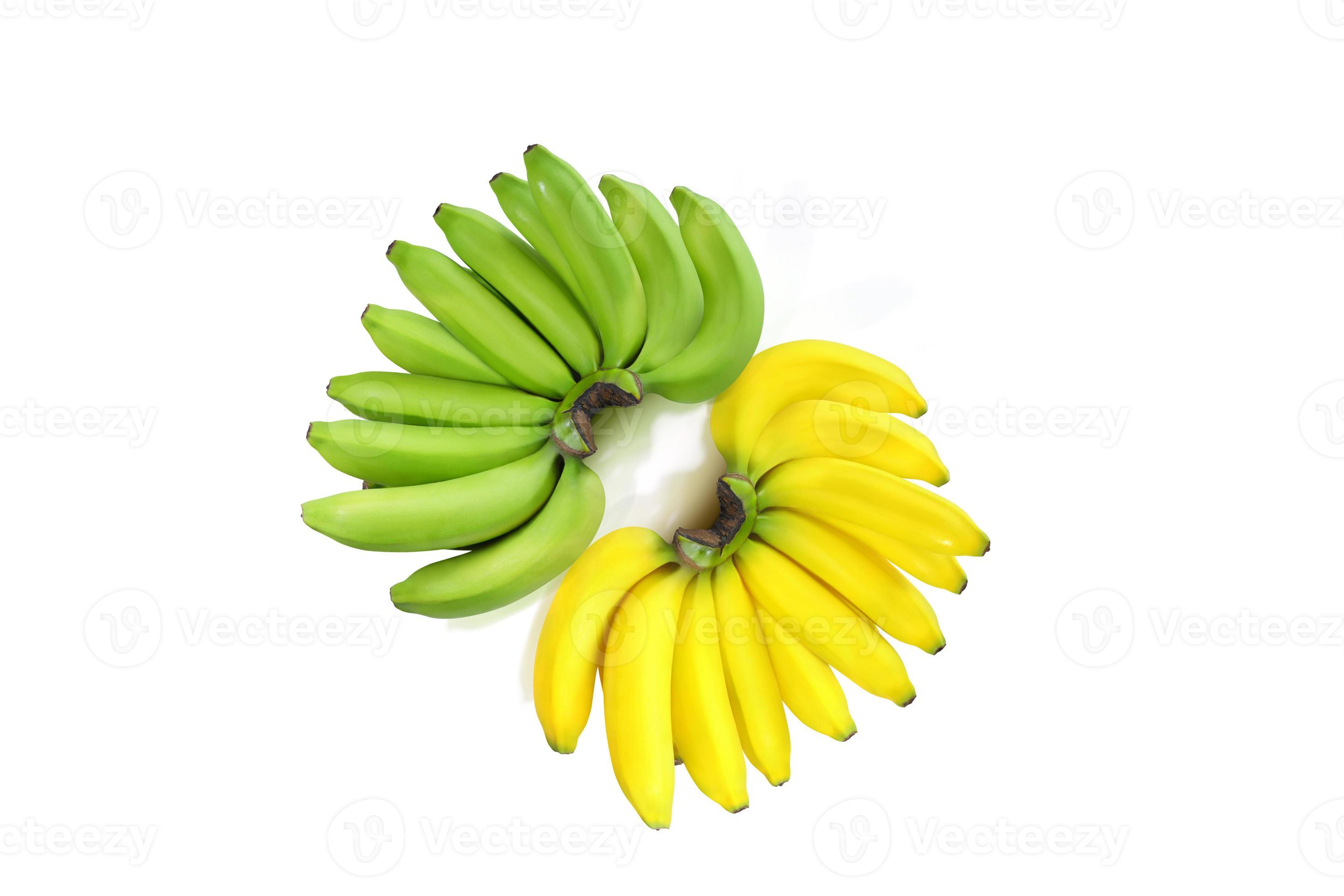 Raw banana and ripe banana isolated on white background with cross