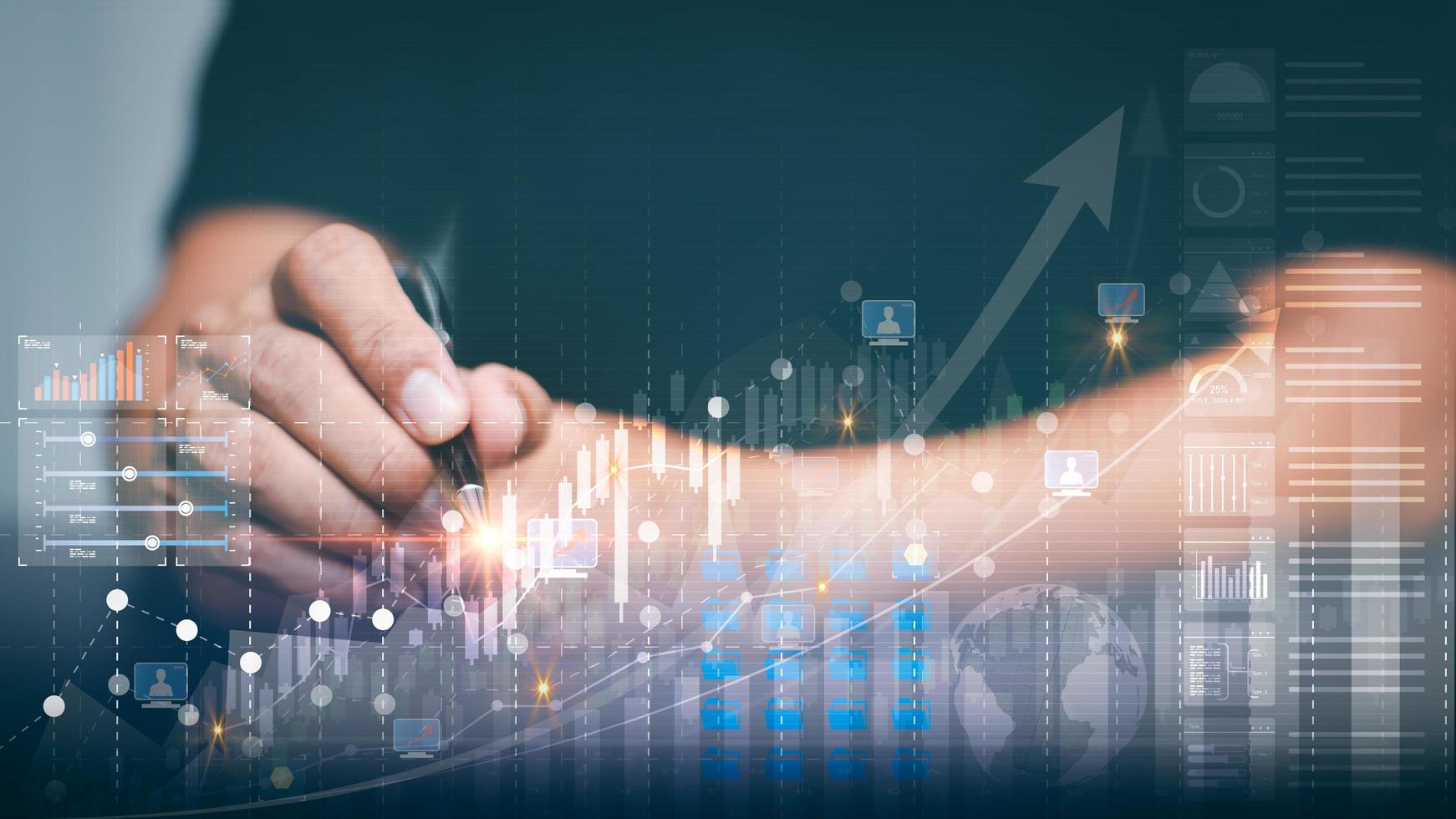 Businessman analyzing sales growth technique graph formulate marketing strategies and plans and manage the improvements that need to be fixed for business success both financial and investment photo