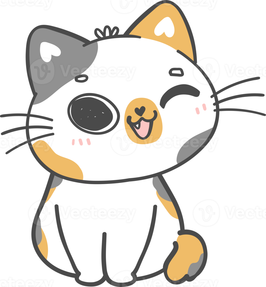 cute playful calico Japanese bobtail kitten cat cartoon doodle hand drawing png